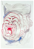 Artistic depiction of a face with a red mouth and white background