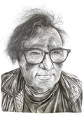 Pencil drawing of a person wearing glasses and a jacket on a white background